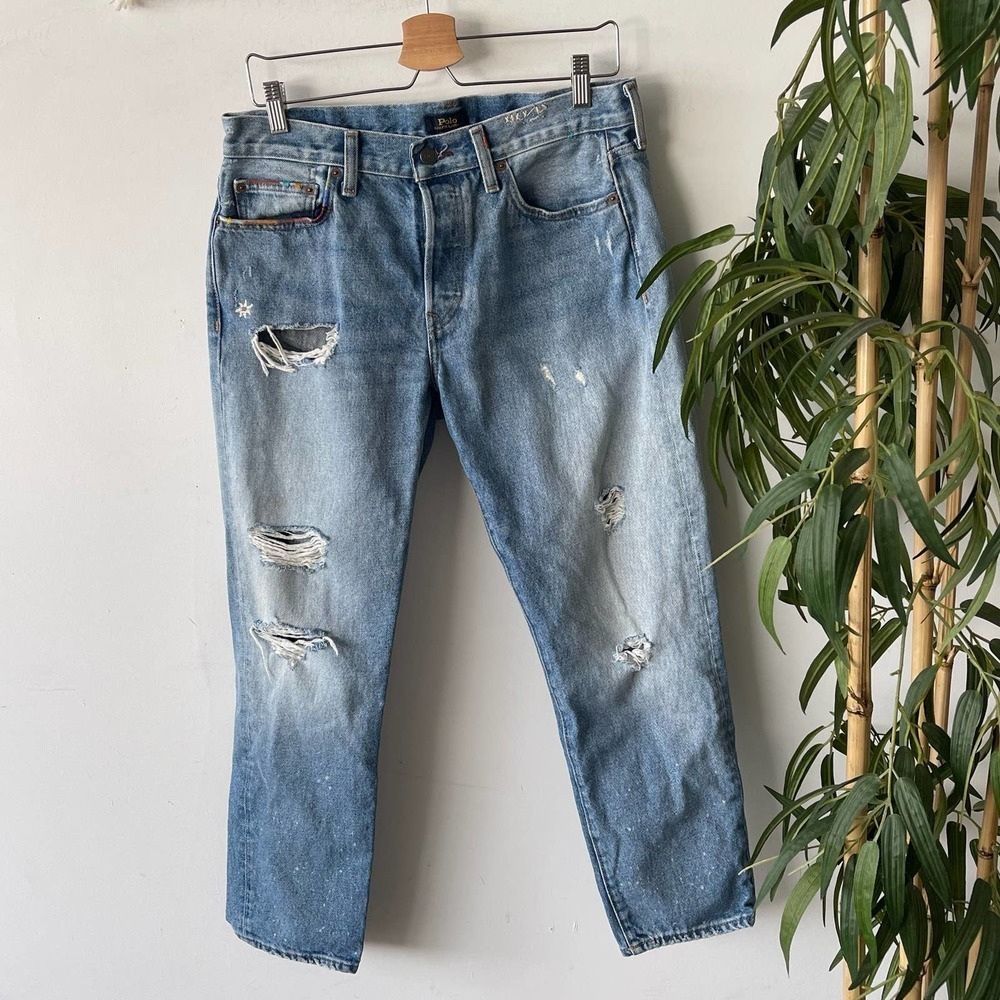Polo Ralph Lauren Jeans Womens The Avery Boyfriend Embroidered Distressed Boho